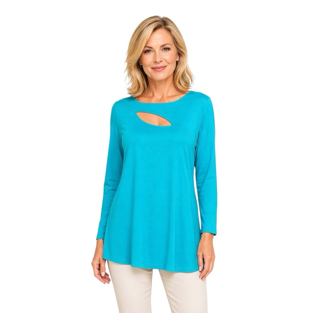 Comfy USA Turquoise Modal Jersey Tunic Shirt Lagenlook Asymmetric Cutout Small S